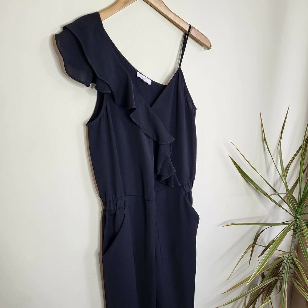 Parker Ruffled Jumpsuit Size 2 Black Ruffle Faux Wrap - Picture 7 of 12